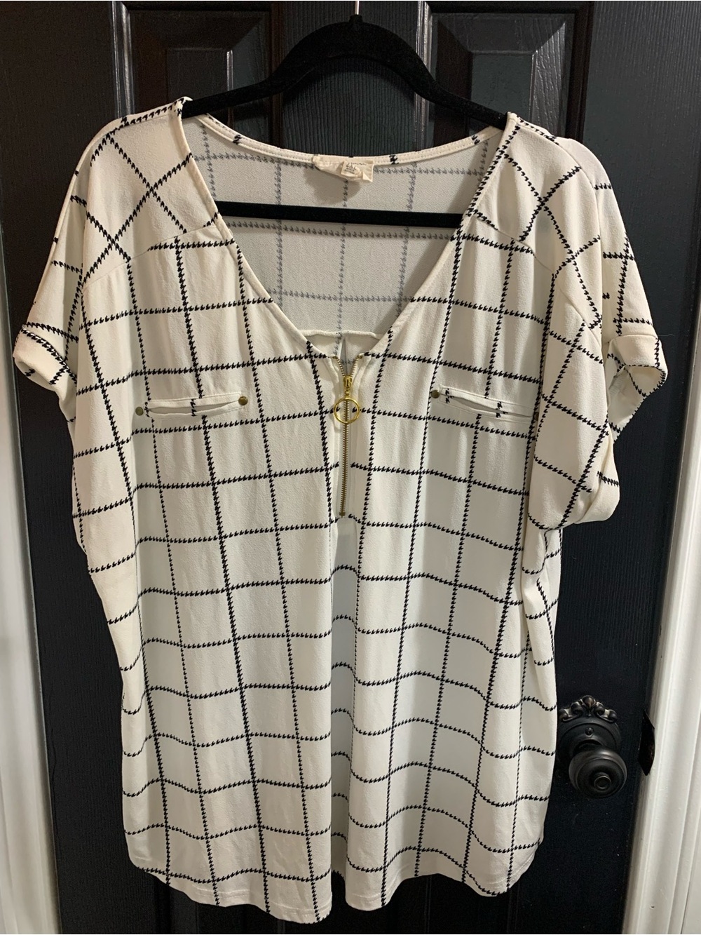 V-Neck Windowpane Grid Blouse in Cream and Black